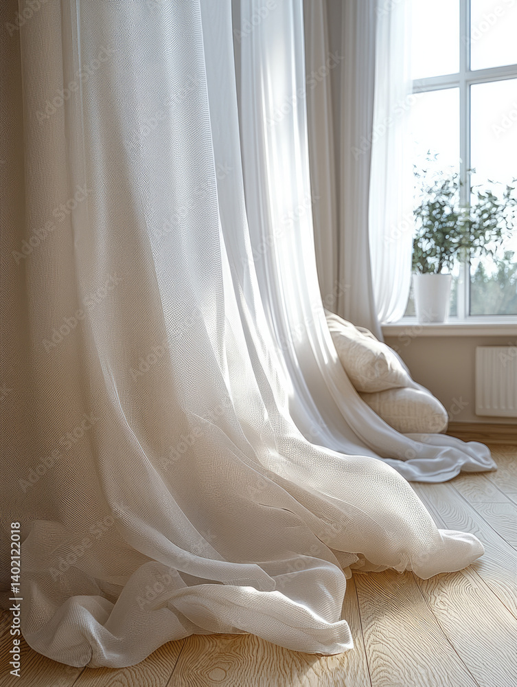Poster soft, flowing white curtains drape elegantly in sunlit room, creating serene atmosphere. gentle ligh