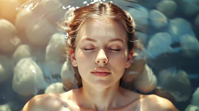 Una joven flota en calma sobre el agua cristalina, con los ojos cerrados y una expresi&oacute;n de paz en el rostro.