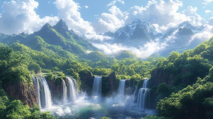 Fototapeta premium Lush Green Mountain Landscape With Cascading Waterfalls Under Cloudy Blue Sky