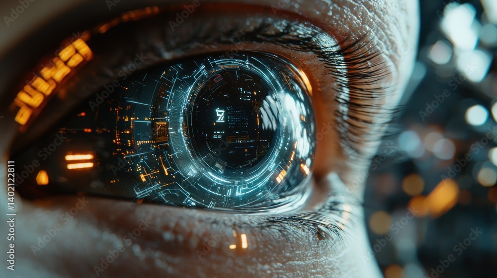 Poster close-up view of a futuristic cybernetic eye with digital patterns