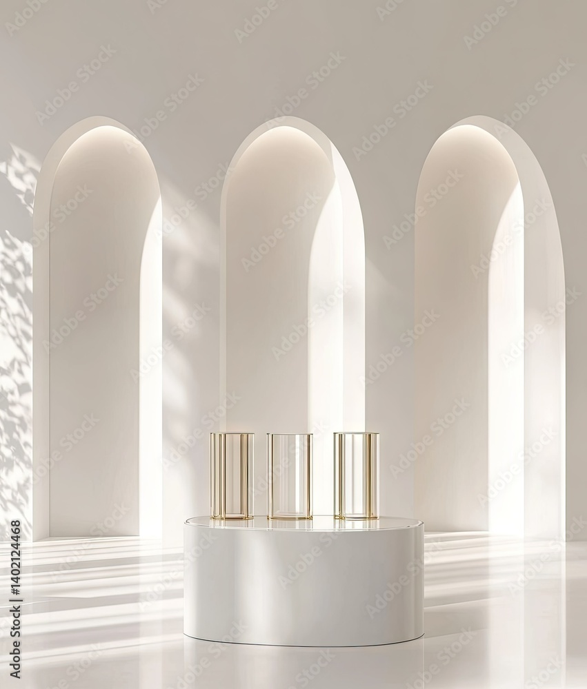 Poster a minimalist display featuring a glass dome on a golden base set within a white archway. creating an