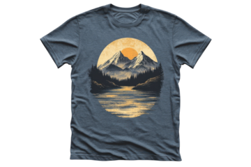 Serene mountain lake sunset tee nature art stylish casual wear soft blue heather fabric round
