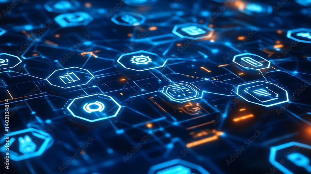 Poster abstract digital network with interconnected system of icons representing data technology innovation