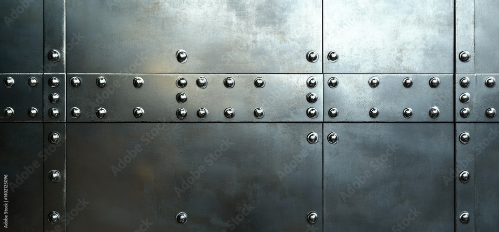 Poster a close-up view of a weathered metallic wall featuring rivets and bolts. showcasing industrial desig