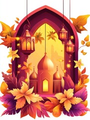 Festive Autumnal Mosque Scene with Hanging Lanterns and Leaves