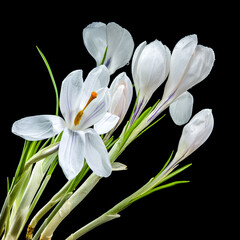 Obraz premium White Crocus Blooms Against Stark Black, Dew-Kissed and Delicate