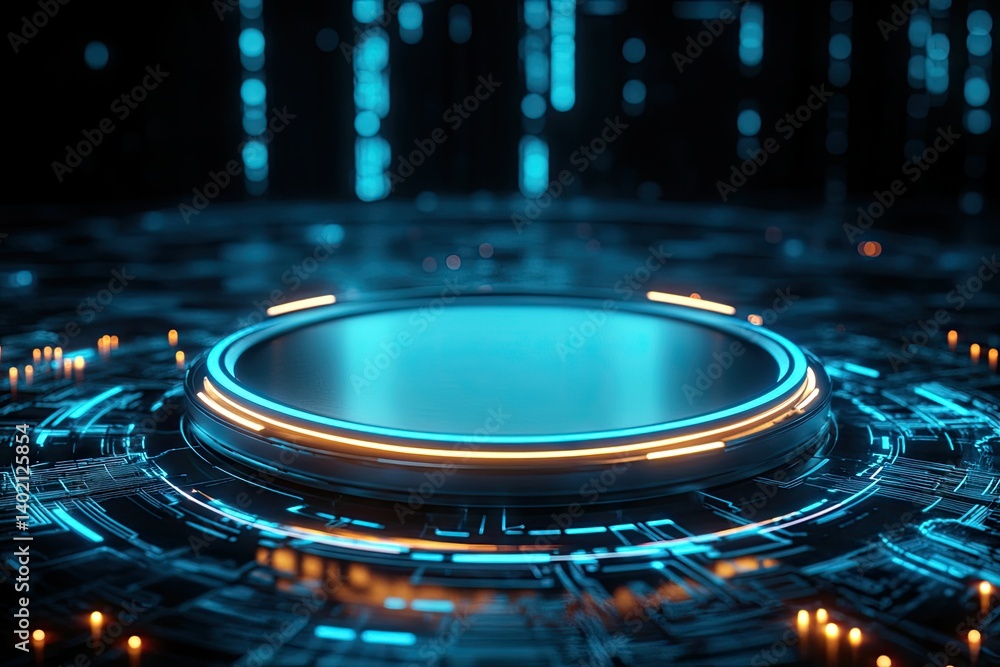 Poster a futuristic digital circuit board with glowing orange accents. showcasing intricate technology desi
