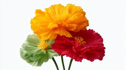 Three flowers of different colors are arranged in a vase