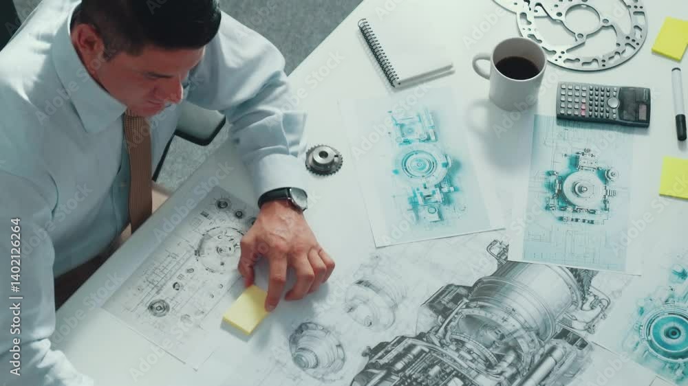 Poster top view of engineer pointing at turbine engine at meeting table with equipment. aerial view of prof