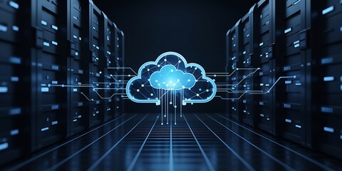 Glowing blue cloud icon at center, network connections, grid floor, vertical server lines, digital tech theme

