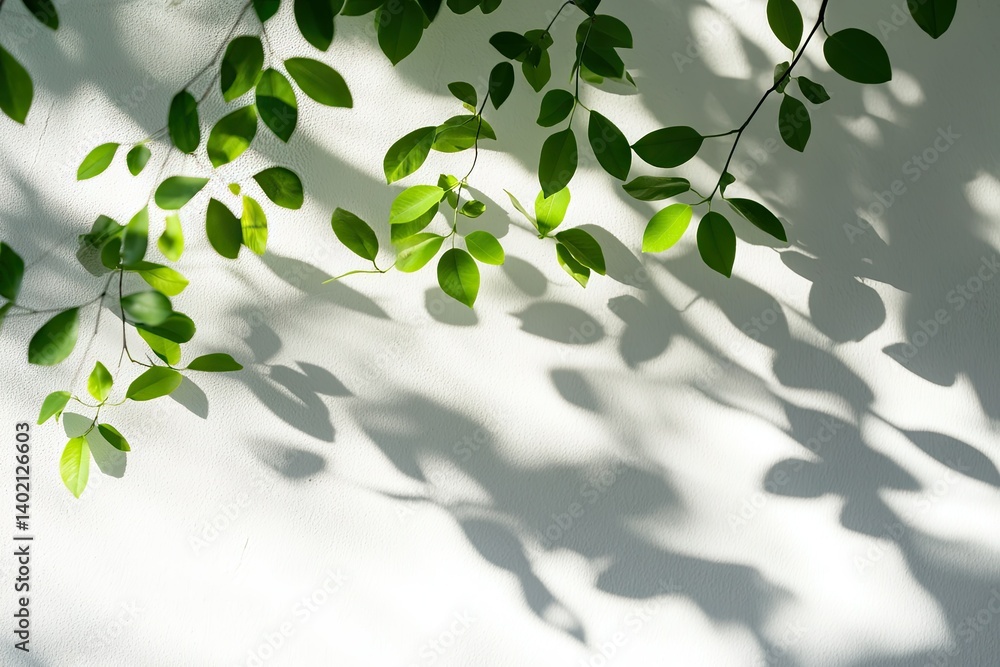 Aufkleber a serene composition of soft. delicate shadows cast by lush green leaves against a smooth. light bac