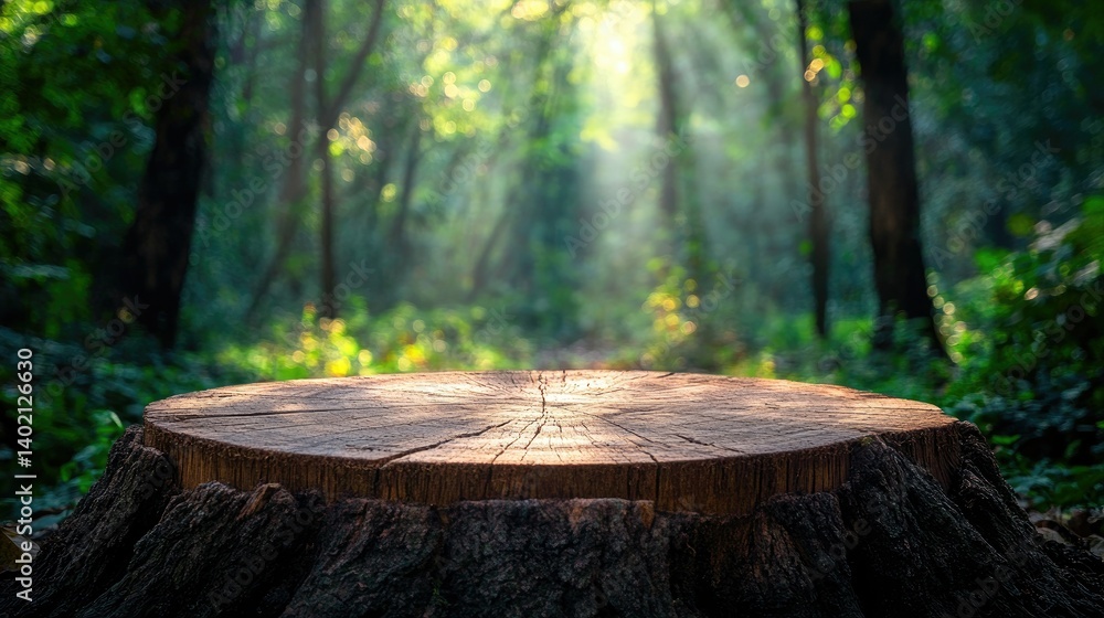 Poster a serene wooden table in a lush forest. illuminated by soft sunlight filtering through the trees. cr