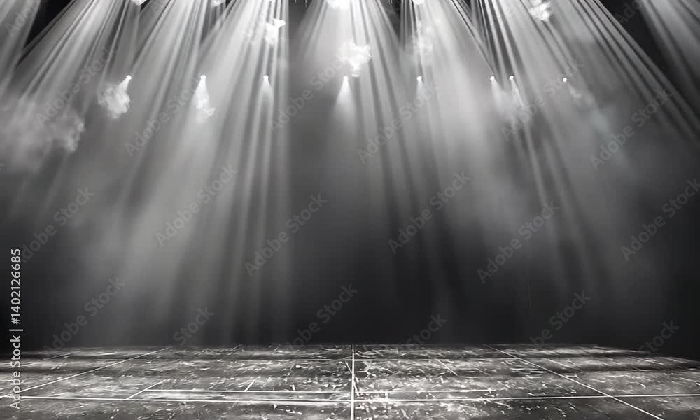 Wall mural dynamic stage lighting effects with smoke and shadows creating a dramatic atmosphere for performance