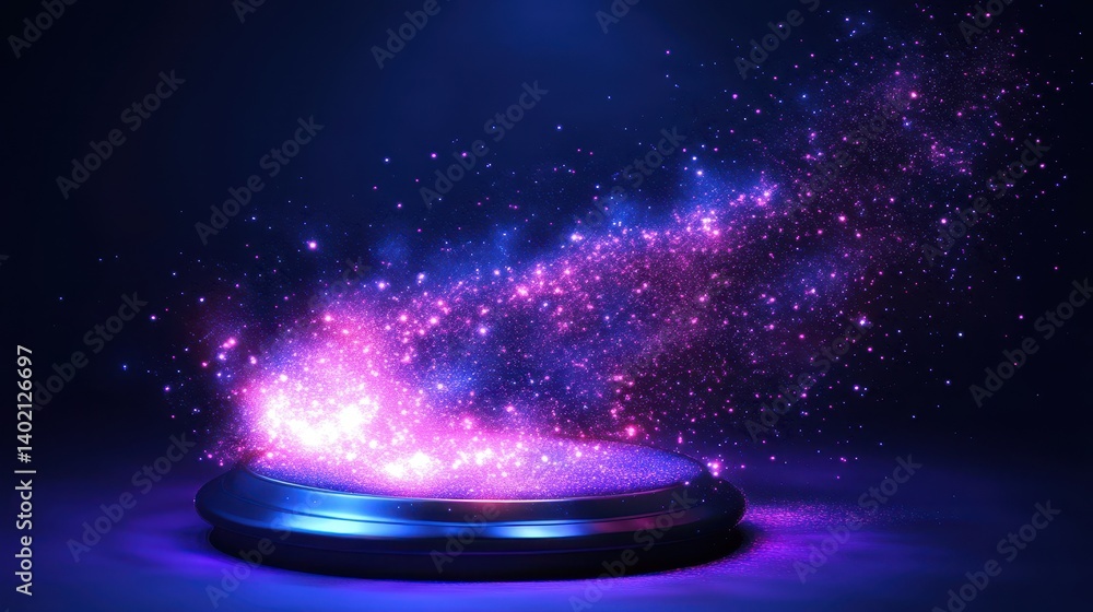 Poster round podium with glowing particles, purple and blue light, dark backdrop. use as display for produc