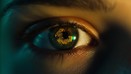 Binary code reflected in human eye concept of digital vision, A human eye reflecting digital code, Digital computing, AI, Tech, Biotechnology, Tech background