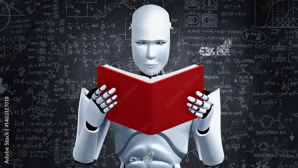 Poster 3d rendering of robot hominoid reading book and solving math data analytics in concept of future mat