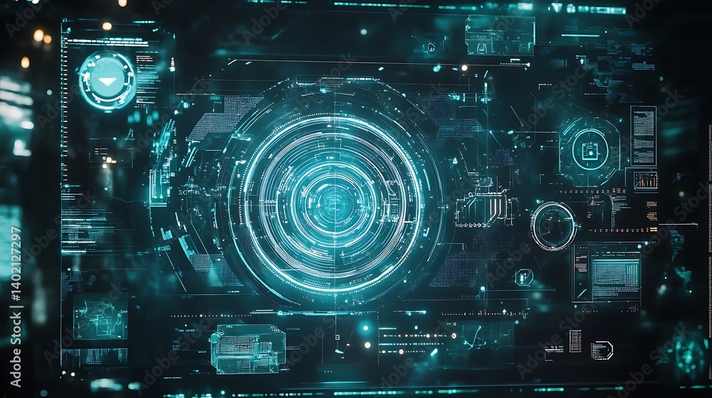 Poster futuristic teal digital interface with abstract technology background for modern innovation science 