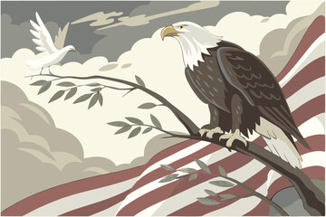 69 Surreal patriotic illustration, bald eagle perched on American flag branch, white dove offering olive branch, symbolic peace offering, cloudy sky background, photorealistic painting style, muted co