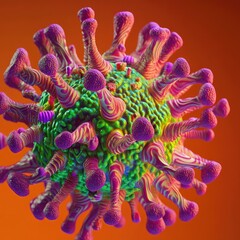 Obraz premium A vibrant. detailed illustration of a virus structure. showcasing its complex surface features against a bright orange background. ideal for educational and scientific contexts