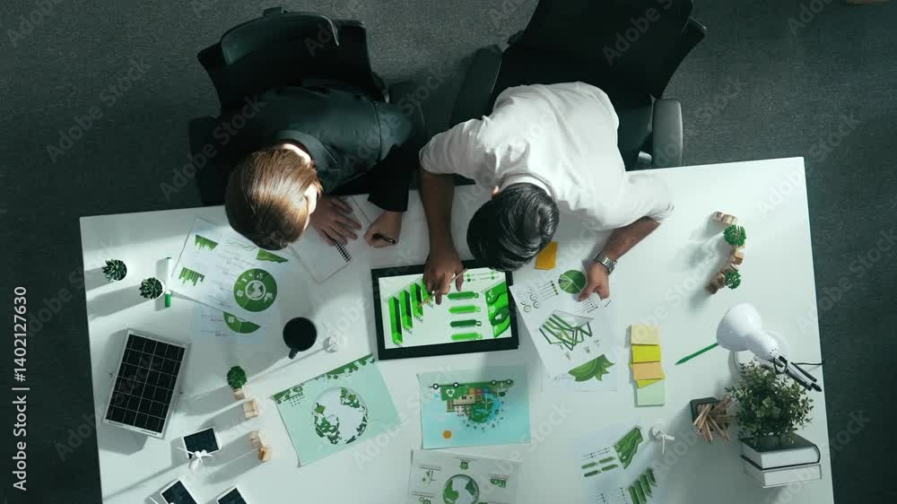 Poster top down view of business man presenting sustainable idea to manager by using tablet display esg env