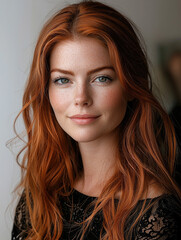Naklejka premium young woman with long, wavy red hair and freckles, wearing black lace top. She has striking blue eyes and warm, inviting smile, exuding confidence and beauty
