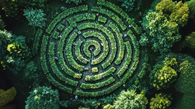Aerial view of circular hedge maze with people navigating