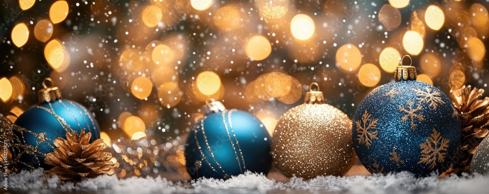Poster a festive display of colorful christmas ornaments resting on a snowy surface. with soft bokeh lights
