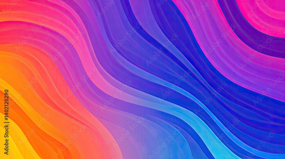 Poster a vibrant. abstract wave pattern featuring flowing gradients of pink. orange. yellow. green. and blu