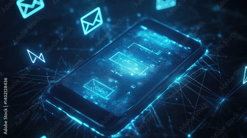 Poster a smartphone displaying an illuminated email icon amidst a network of glowing digital connections. s