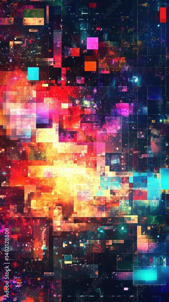 Aufkleber a vibrant abstract digital artwork featuring a kaleidoscope of colorful squares and pixels. creating