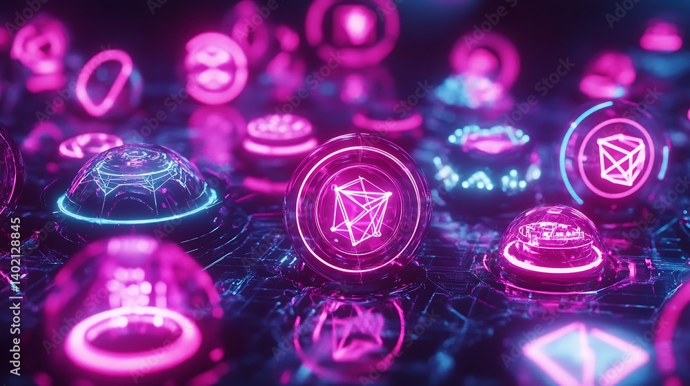 Poster neon cryptocurrency spheres with futuristic digital asset visualization for technology finance virtu