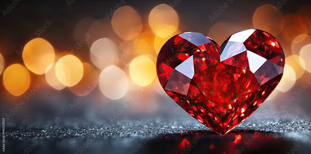 Poster a beautifully crafted red heart-shaped gemstone glistens on a textured surface. surrounded by soft b