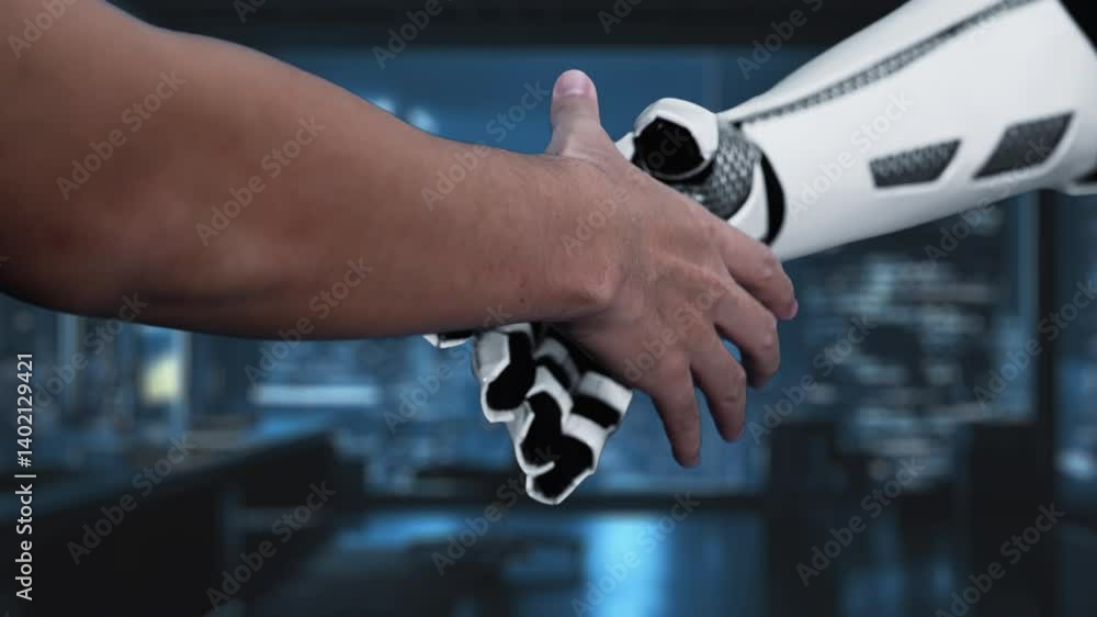 Poster a dynamic scene depicting the collaboration between human and robotic hands aiming at a digital targ
