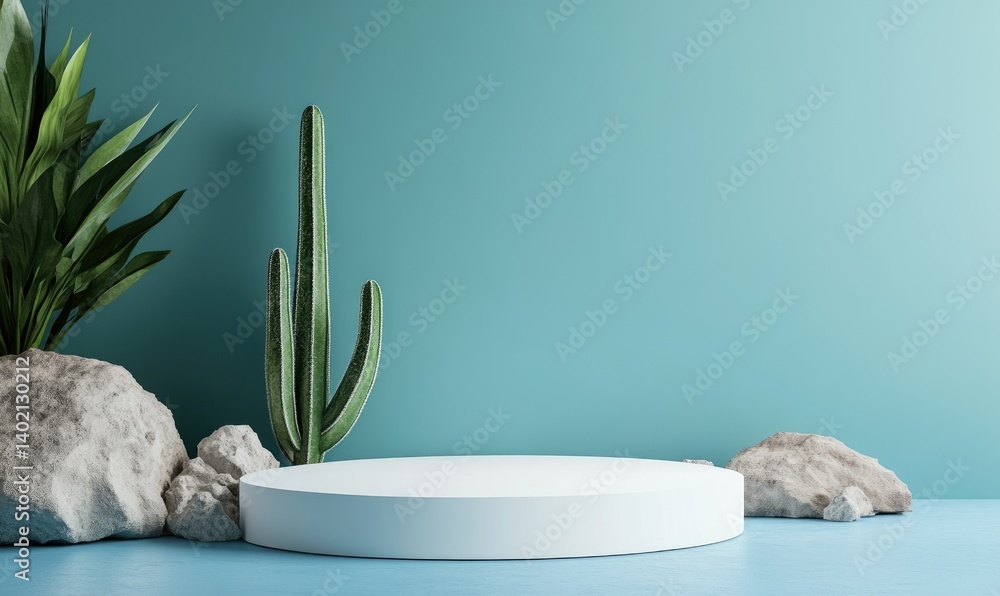 Poster a serene studio setting featuring a circular white platform surrounded by cacti and rocks against a 
