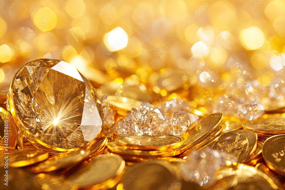 Poster a close-up view of shiny gold coins scattered on a sparkling black surface. illuminated by warm gold