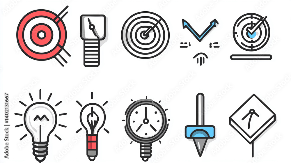 Poster vector icons set design elements for business strategy and success target bulb clock arrow radar