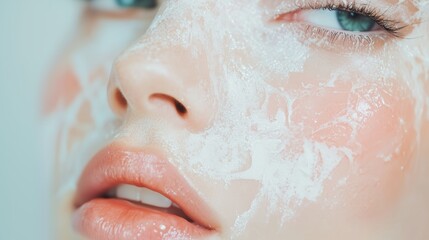 Close-up of a person with a facial mask applying skincare in a serene environment under bright lighting