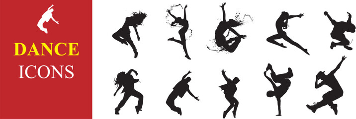 Dance icon boy and girl Children dancing street dance silhouette vector illustration. Group people dancing silhouette set. Figure happy active young men and women simple cartoon collection