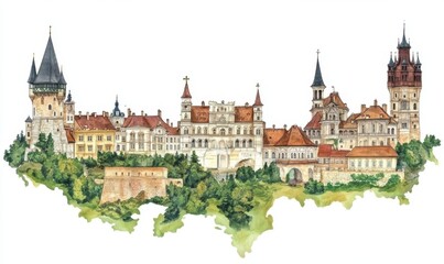 Obraz premium Majestic castle complex on hilltop, scenic view, travel postcard