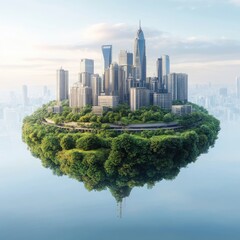 Fototapeta premium Futuristic city skyline on floating island with lush greenery and water