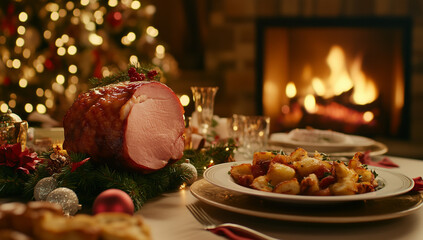 Christmas meal dishes, Christmas food, Dining Table, Dinner party, Dinner, Celebration, warm fireplace background.
