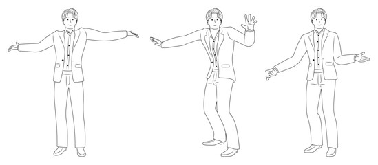 Businessman Character with Confused and Surprised Gestures in Different Poses, line art style.