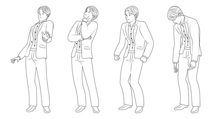 Collection of Businessman with Negative Emotions and Stress Poses, line art style.