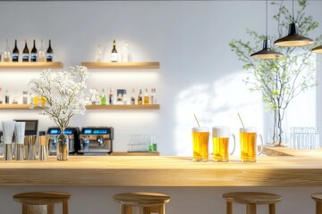 Bright and Modern Bar Interior with Beer Mugs and Fresh Flowers