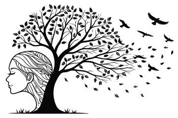 72 Black and white illustration, surreal tree, human head profile, leaves transforming into birds, metamorphosis, wind blowing, flying birds, symbolic imagery, freedom concept, nature connection, drea