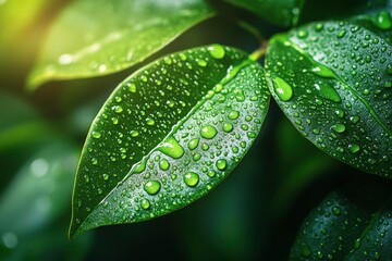 Close-up of Green Tropical Leaves with Fresh Water Droplets and Natural Morning Light