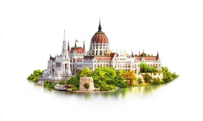 Fototapeta premium Majestic Parliament Building on Danube River island, Budapest, Hungary. Tourism postcard