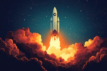 Futuristic Rocket Launch at Night with Glowing Clouds and Starry Sky – Space Exploration Concept