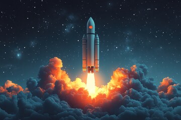 Rocket Launch into Starry Night Sky with Glowing Clouds – Futuristic Space Travel Concept Art