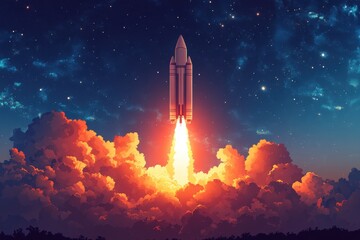 Rocket Launch Through Fiery Clouds into Starry Night Sky – Futuristic Space Travel Illustration